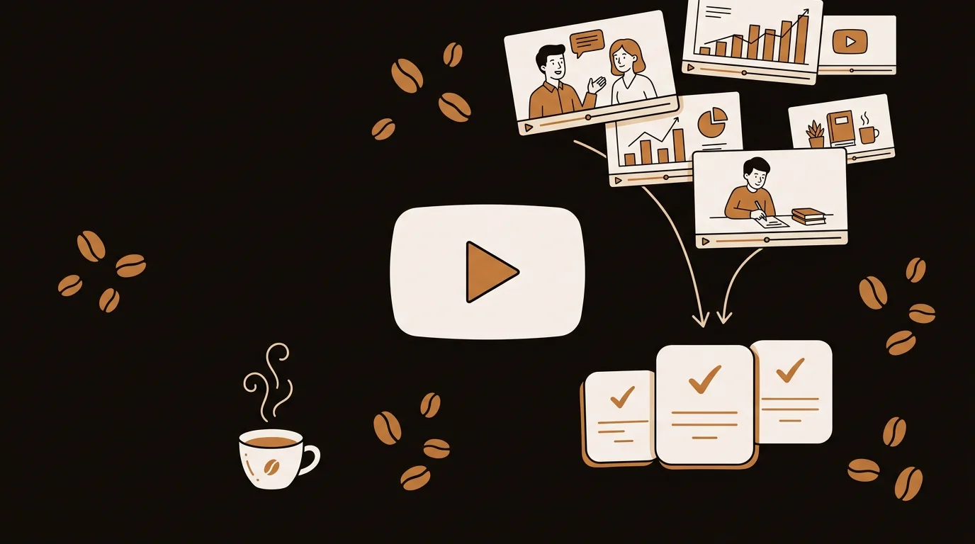 AI summarizer turning YouTube video into bullet-point cards with coffee cup
