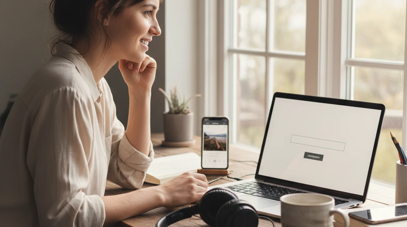 Woman at a desk by the window with a laptop showing a link field and download button, headphones and a phone beside her