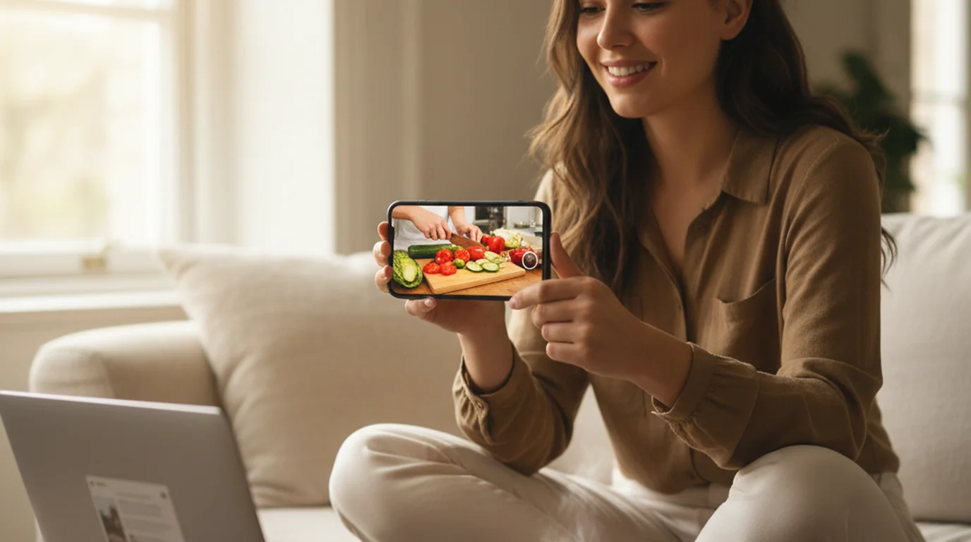 Woman on a sofa smiling at a phone that plays a cooking clip, with a laptop beside her in daylight