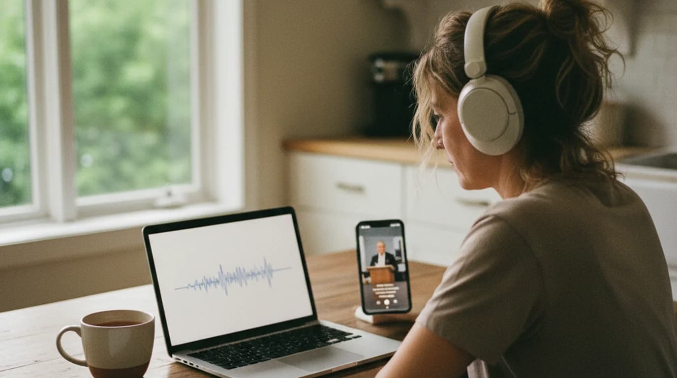 Woman at a kitchen table with a laptop and a phone, wearing headphones while saving the audio from a video