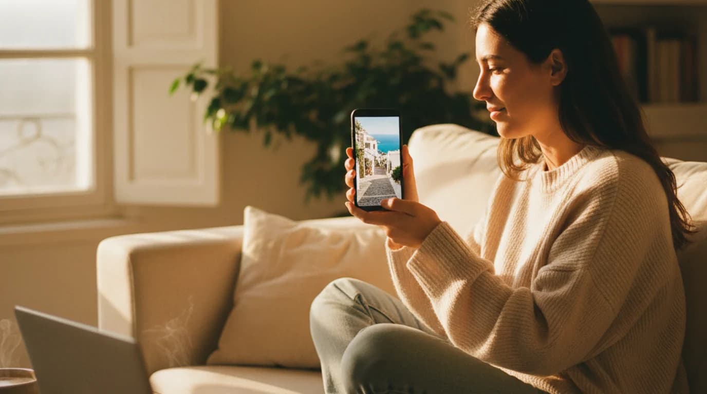 Young woman on a sofa by a sunny window holding a phone that plays a vertical travel clip, laptop and coffee on the table