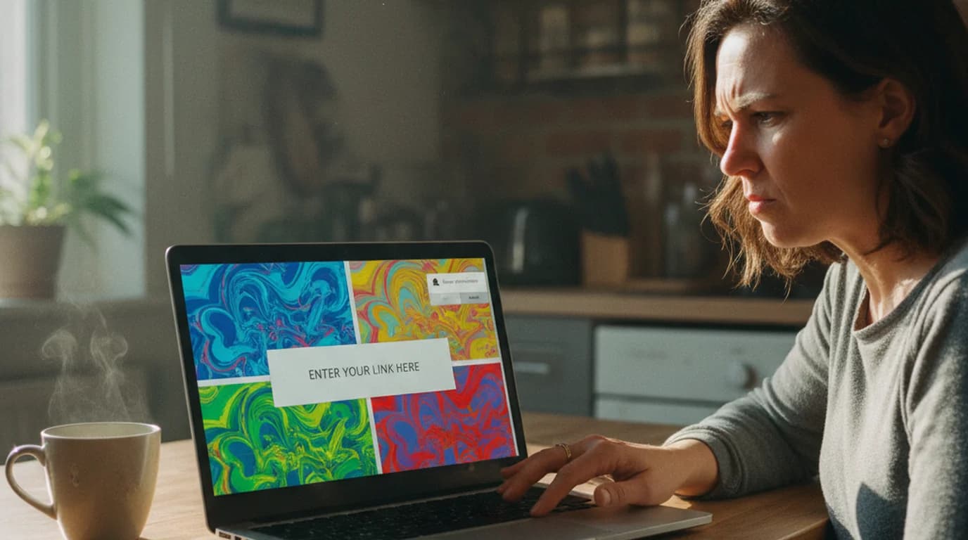 Woman at a kitchen table frowning at a laptop showing a converter page with a link box, bright banner ads and a small pop-up