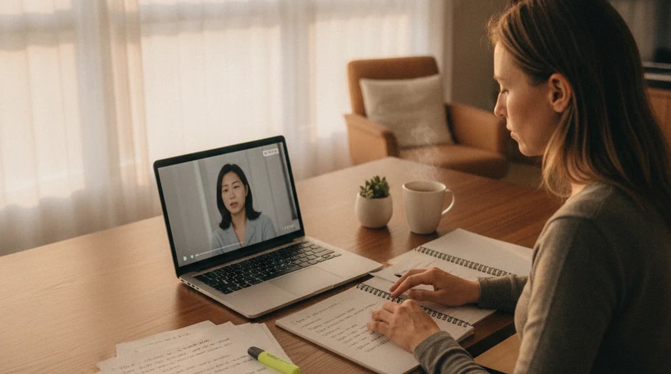 Content researcher at a desk with Korean-language video on laptop screen and English transcript on second monitor, modern home workspace