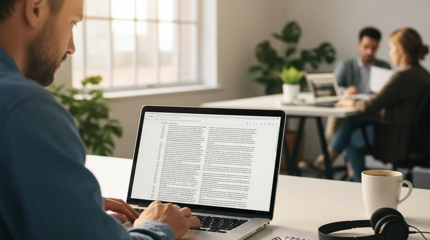 Man at a desk in a bright office reading a meeting transcript on his laptop after a video call, notebook and coffee beside him