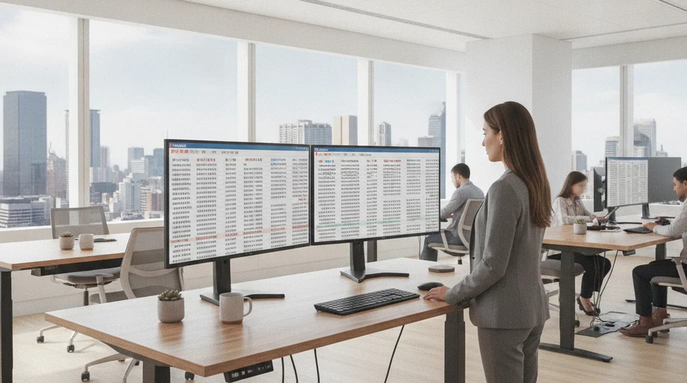 Research analyst at a standing desk reviewing Chinese language reports with English translation on second screen, bright office setting