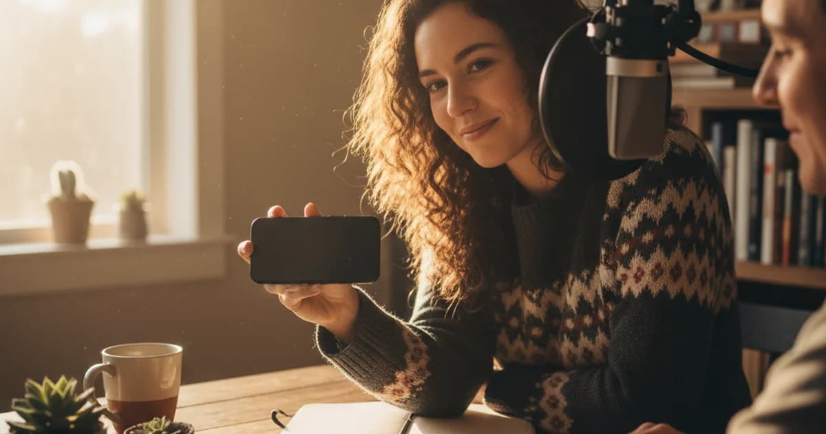 Podcast host recording an interview on smartphone voice recorder app with professional microphone in studio background