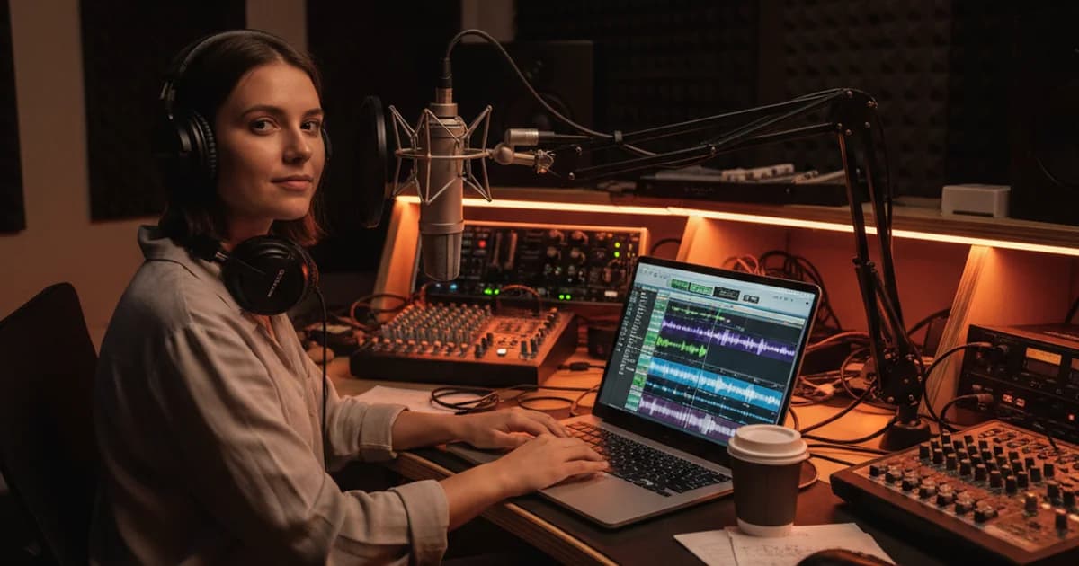 Audio editor converting WAV to MP3 in a podcast production workflow, waveform visible on screen
