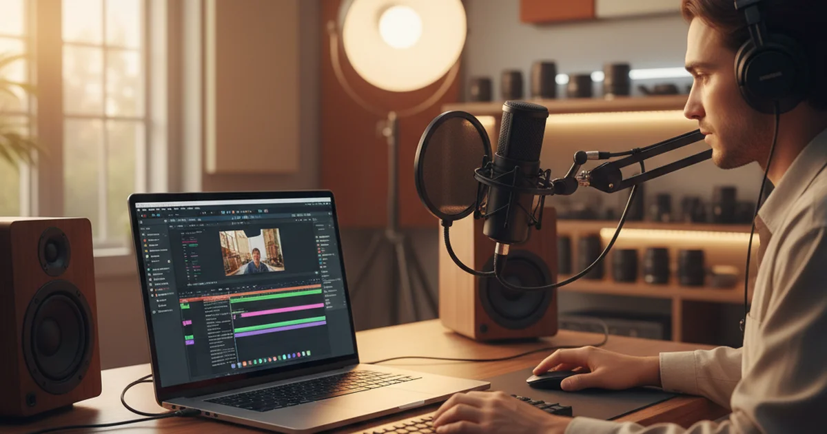 Video creator at a desk with laptop open showing video editing software and YouTube video on screen, professional home studio setup