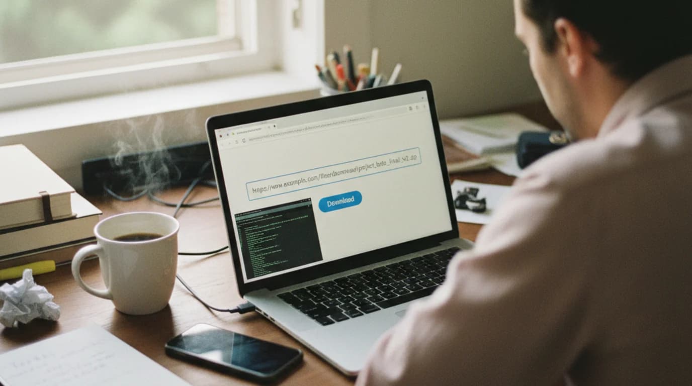 Person at a wooden desk with a laptop showing a browser page with a pasted link, a Download button and a small terminal window