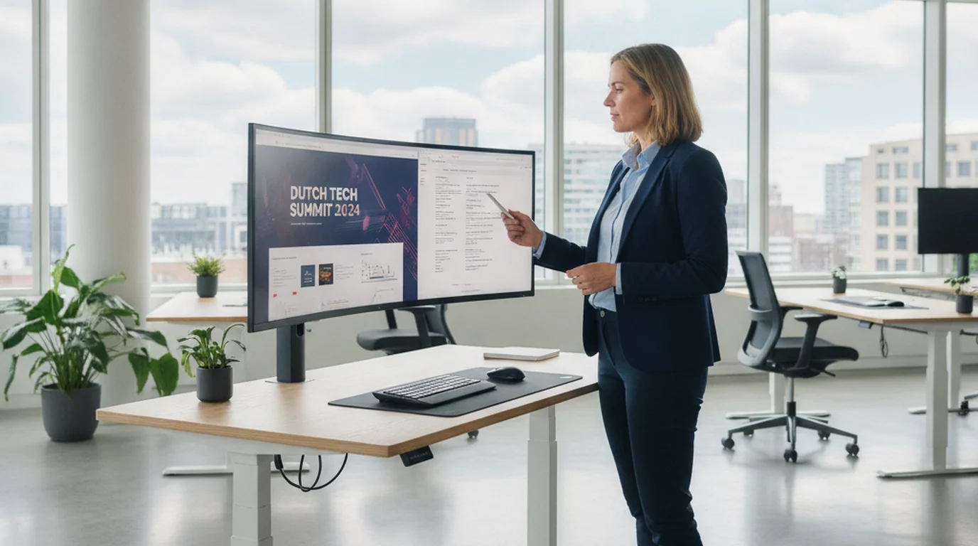 AI research analyst reviewing Dutch technology reports with English translation on screen in bright modern office