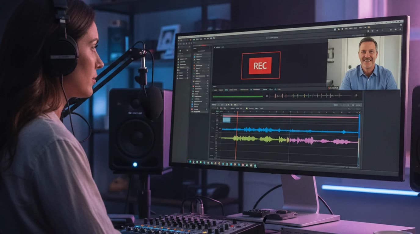 Video production specialist at Mac workstation with screen recording of client presentation and transcript on second monitor