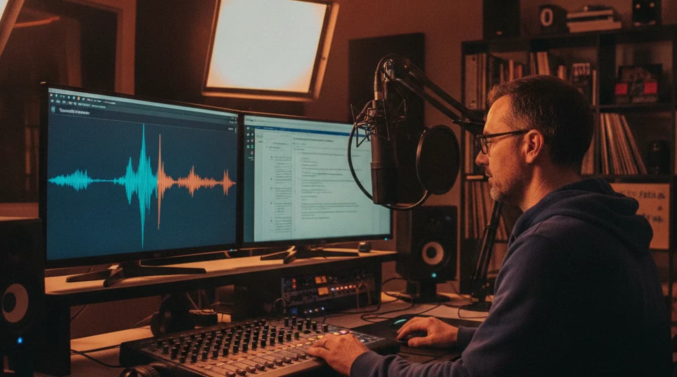Podcast producer at recording desk with Spanish audio waveform and English transcript side by side on screen