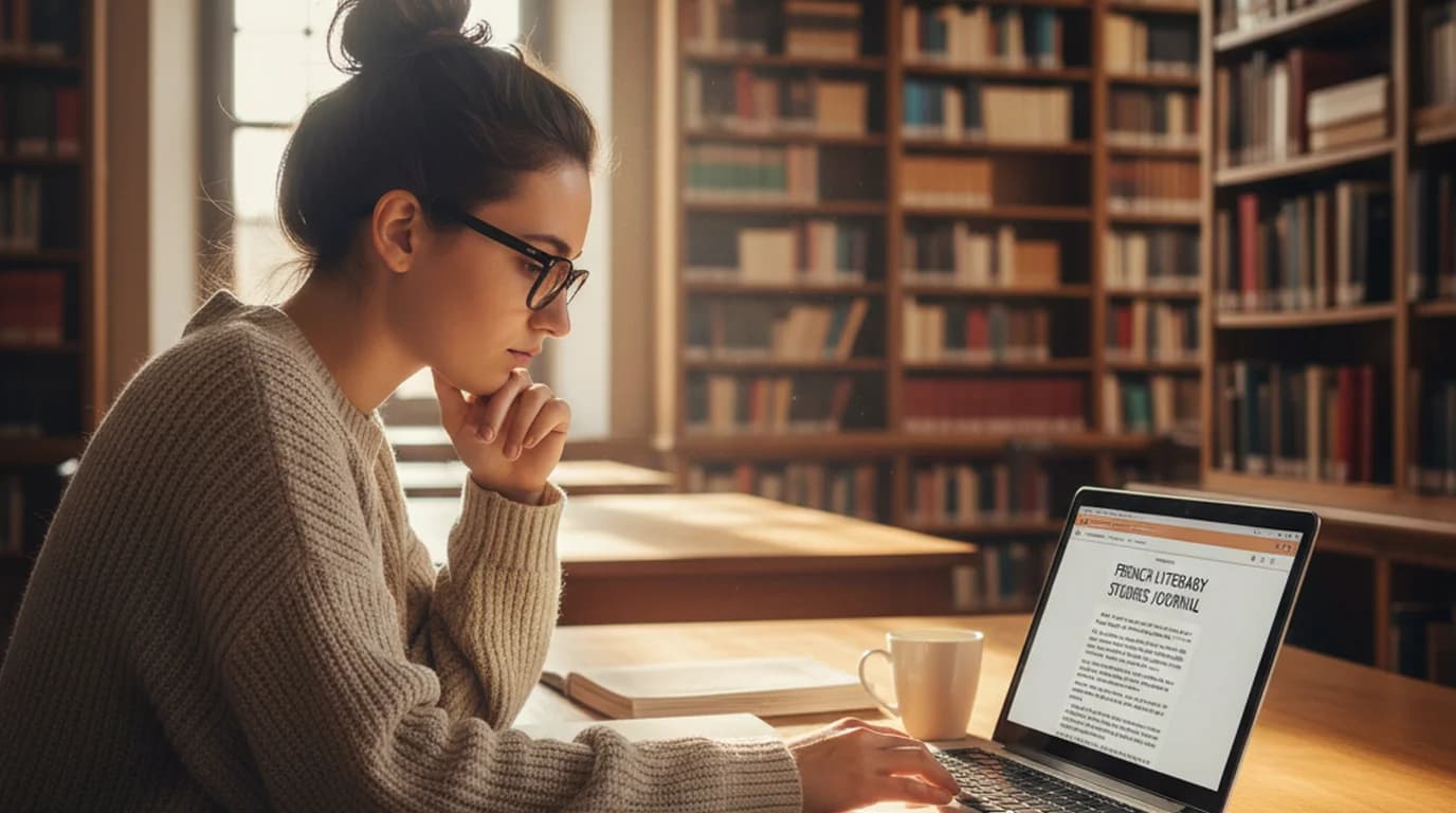 PhD researcher at desk reading French academic journal with English translation on laptop screen