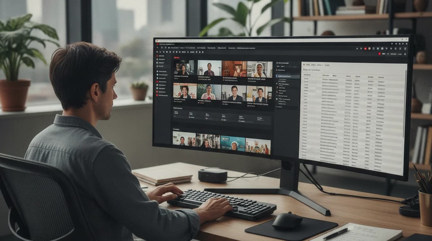 Language researcher at desk with multilingual YouTube content on screen and transcript database open beside it