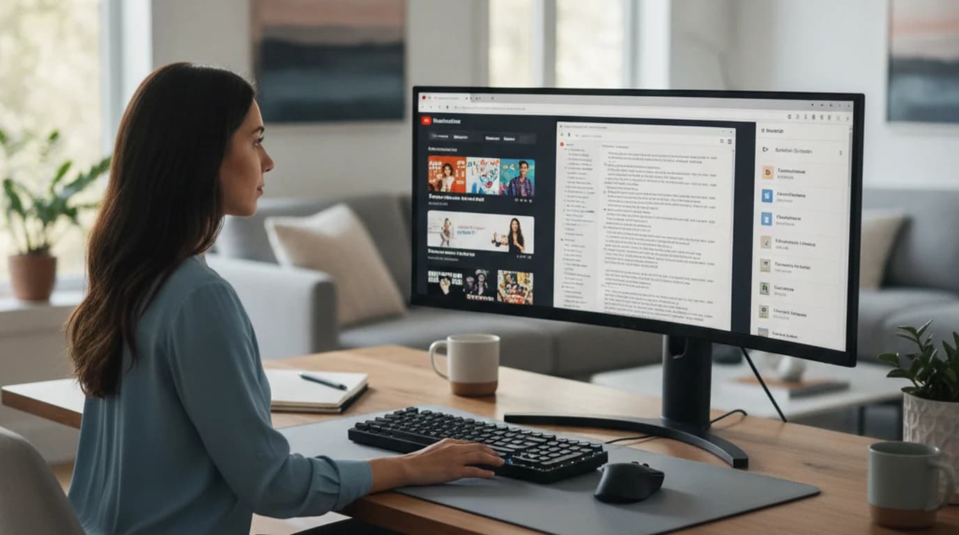 YouTube content researcher reviewing multiple channel feeds on screen with transcript notes and research archive