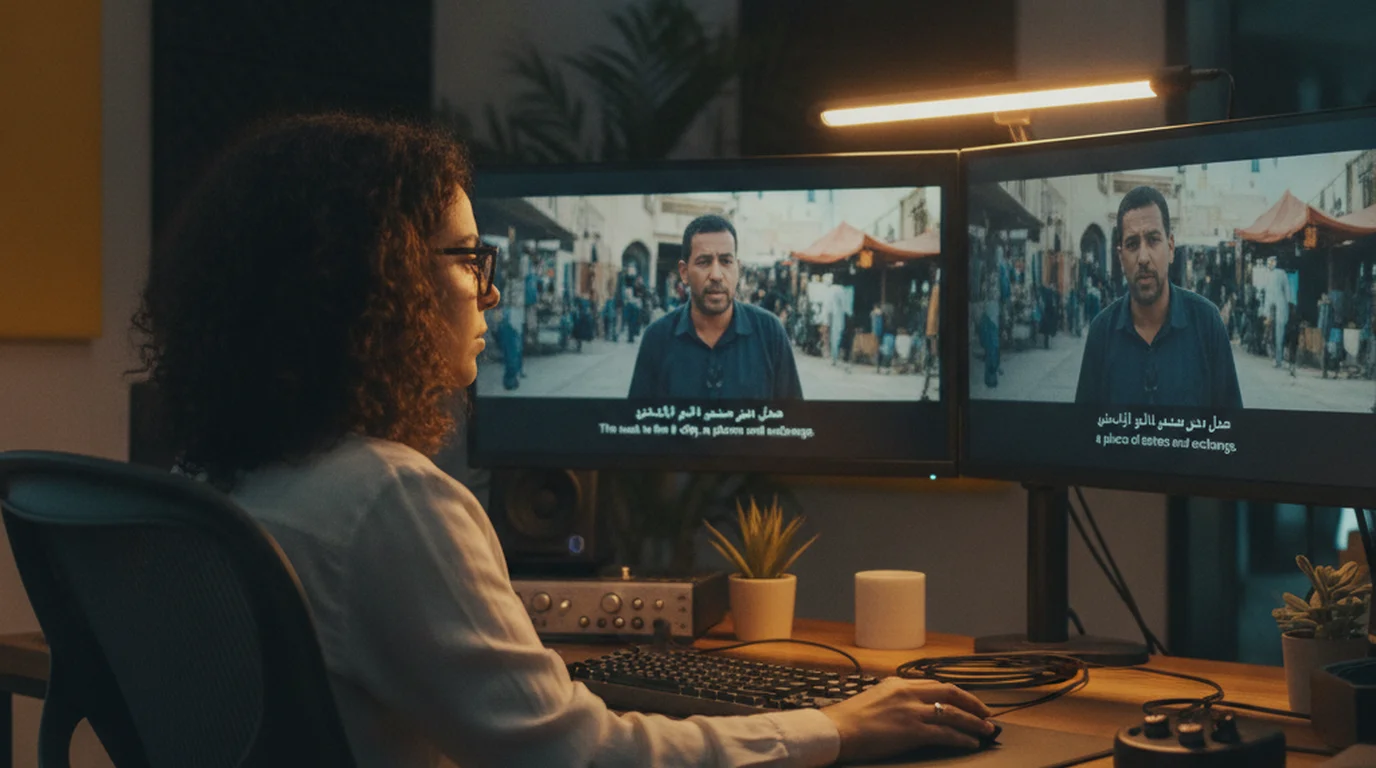 Content producer working with Arabic video content on dual monitors with translation interface open