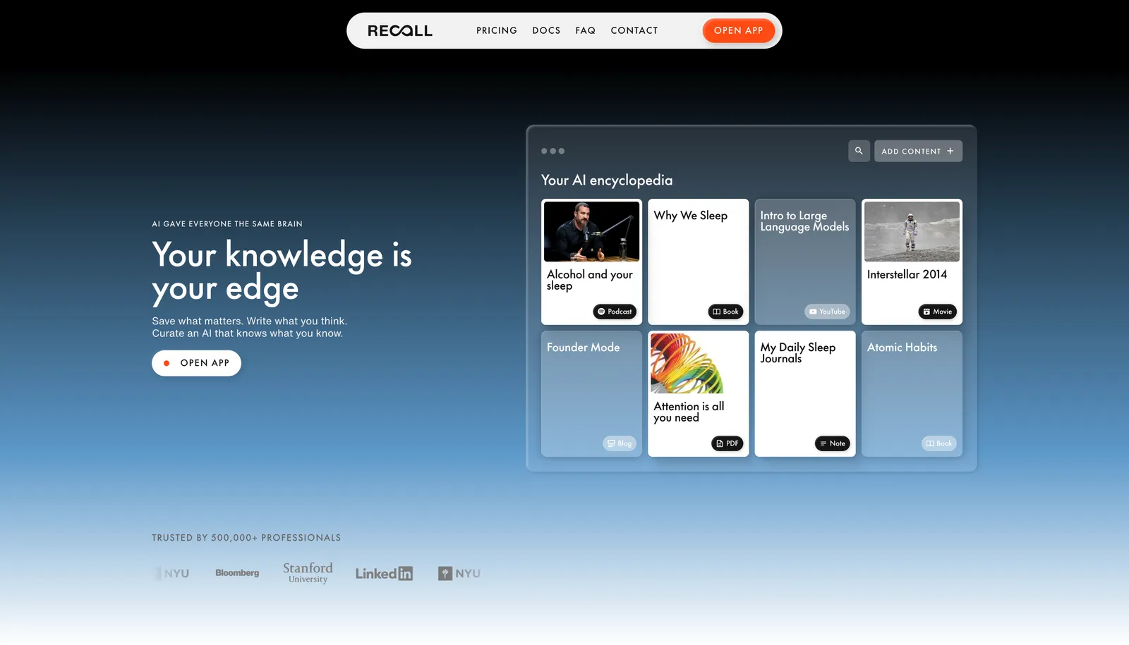 Recall knowledge base interface showing podcast episodes, books, and articles saved as searchable cards