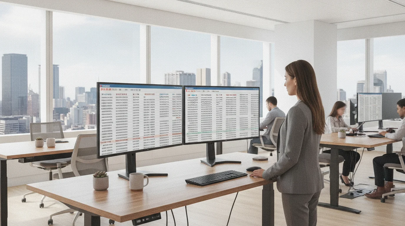 Research analyst reviewing Chinese language AI research papers with English translation on second monitor