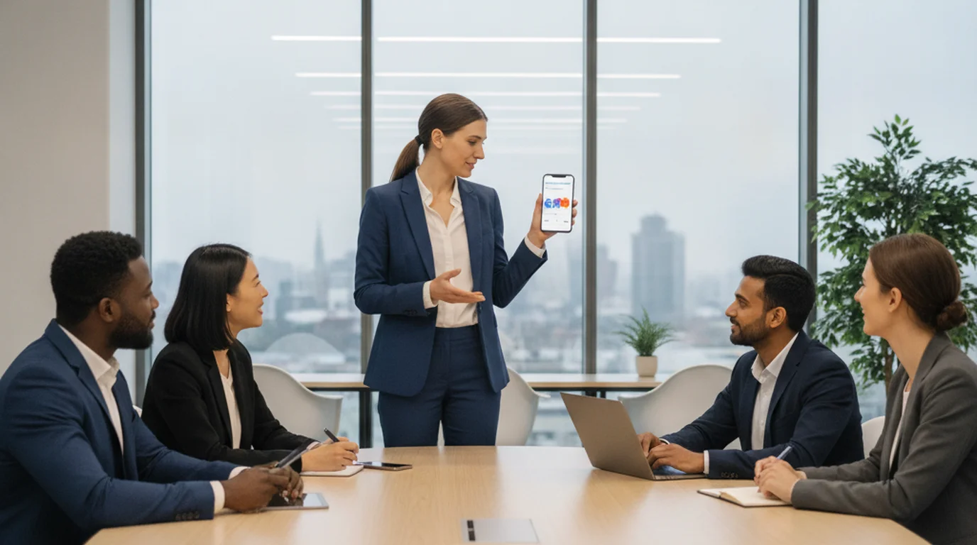 Operations manager using voice translation app during multilingual team meeting