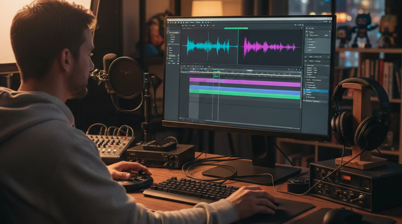 Video editor reviewing audio waveform extracted from YouTube video for production workflow